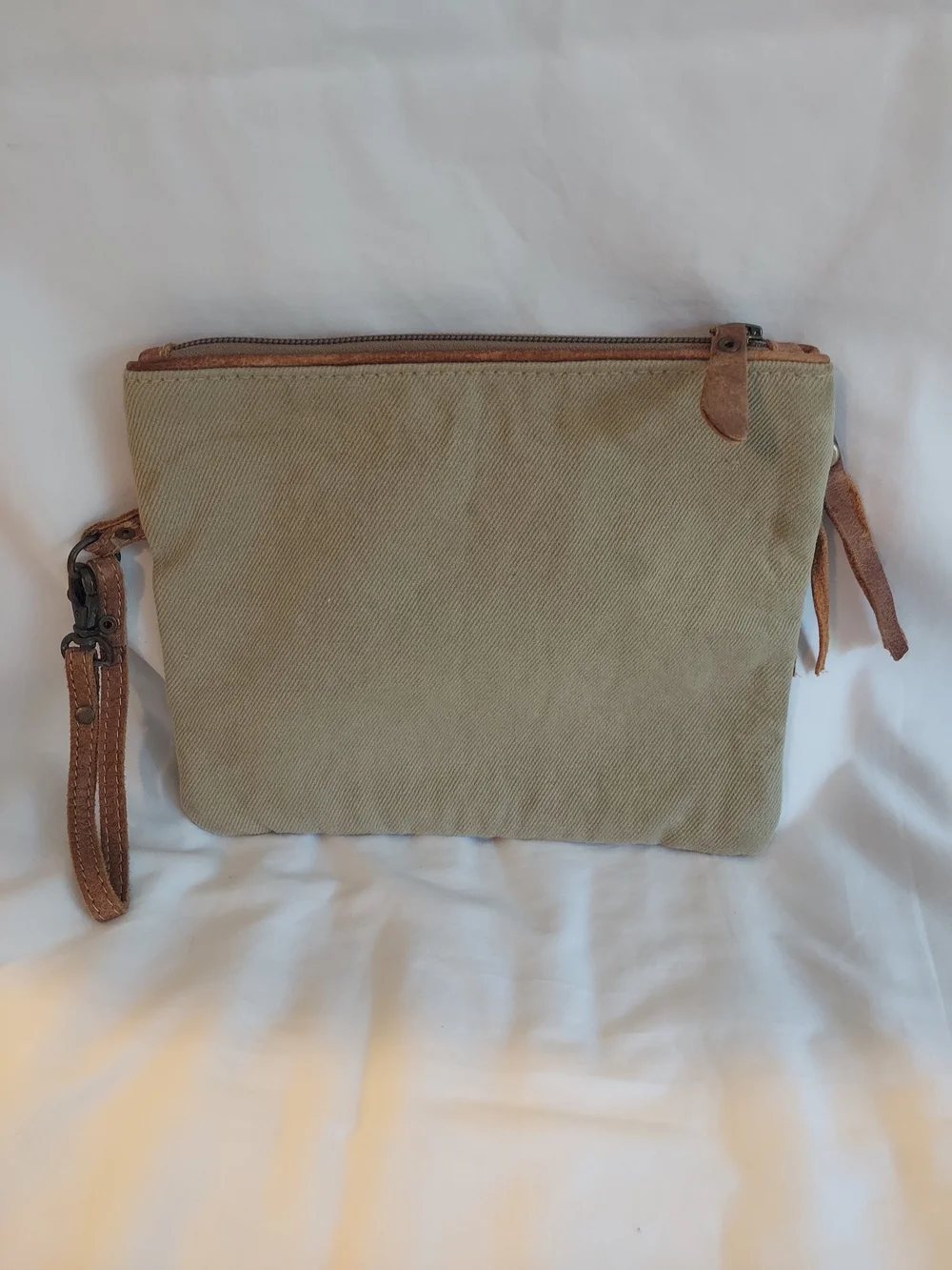 Myra Bag Green N Tan Canvas Leather Wristlet Pouch Floral Boho